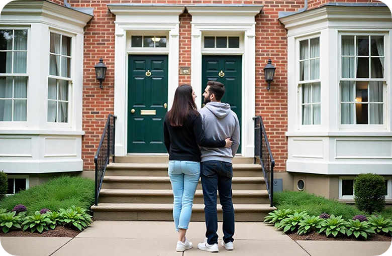 A couple stands arm-in-arm on a walkway, facing a brick townhouse with green double doors and bay windows.