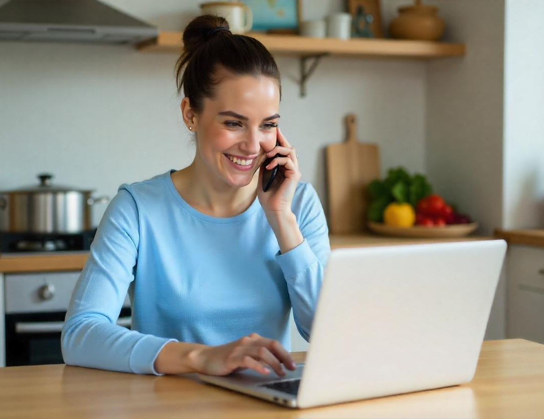 Woman in a light blue top sits at a kitchen table, smiling while talking on the phone and using a laptop.