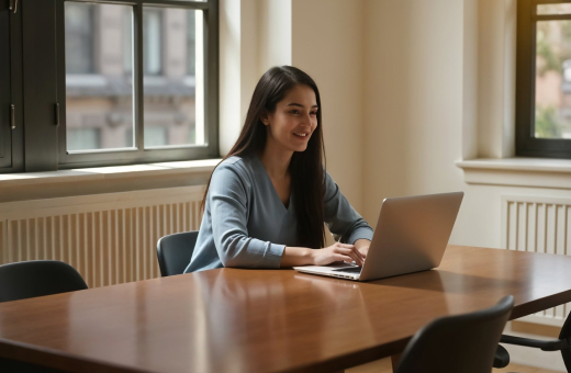 A woman sits at a wooden table in a bright room, using a laptop and smiling, with large windows in the background.