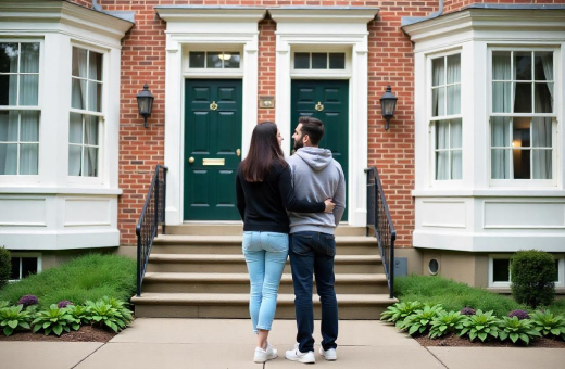 A couple stands arm in arm facing the entrance of a brick townhouse with two green doors and bay windows.
