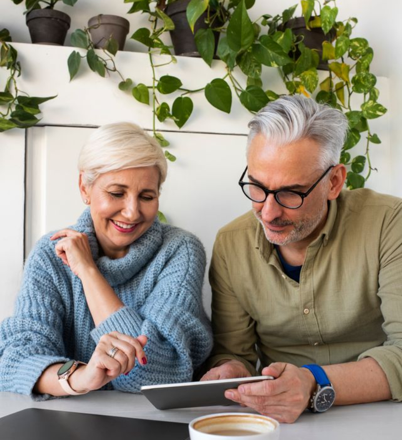 An older woman and man sit at a table, smiling and looking at a tablet together, with potted plants in the background.